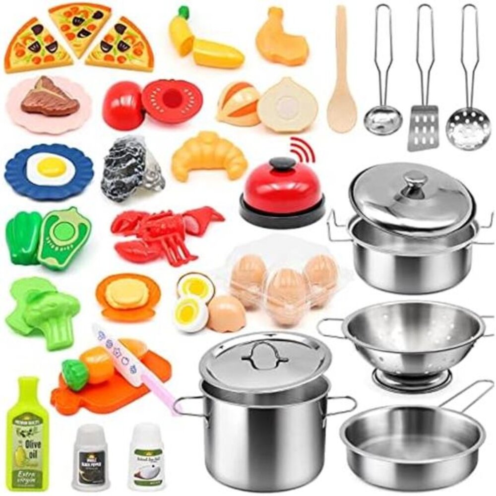 Kids Pretend Play Kitchen Accessories Set, 38Pcs Stainless Steel Play Pots Pans